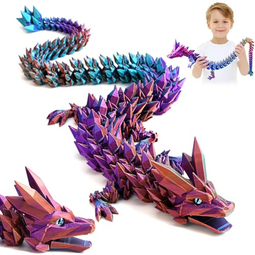 Merrwon 3D Gedrucktes Drache, 60CM Drachen Spielzeug mit Augen, Geheimnisvolle Realistische Drachen Figuren, Ewegliche Gelenke Kristall Drachen Deko, Geschenke für Kinder