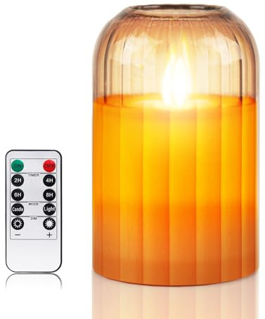 PinnWaa Glas Led Kerzen mit Timerfunktion, Led Echtwachskerzen Flackernde Flamme mit Fernbedienung, Kerzen mit Batterie für Weihnachtsdeko, Zimmer Deko, Hochzeit und Party (H 10 x D 7.5 cm) - Orange