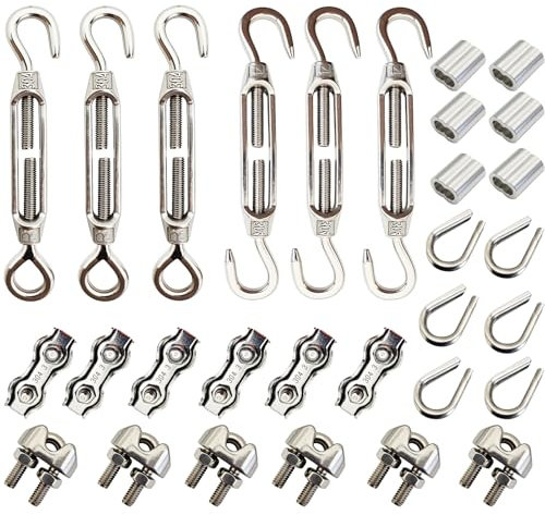 Tendeurs de Cable Corde Acier à Suspension Kit, avec 3mm Tendeur Cable Inox et Accessoires, Idéal pour Fil Etendoir Linge Exterieur, Outdoor Suspension, Kit Fixation Voile D'ombrage, Serre Cable Acier