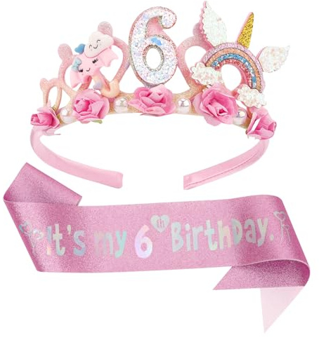 LunarCharm Stirnband zum Geburtstag, Blumen-Geburtstagskrone und Glitzerschärpe für Mädchen, Dekorationen zum Geburtstag für Mädchen, Geburtstagsparty-Dekorationen