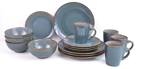 FH - Steingut Geschirr Set - Geschirrset 4 Personen - 16 teilig, Spülmaschinen- und Mikrowellengeeignet - 4 x Becher, Dessertteller, Speiseteller, Schale - Essgeschirr Blau