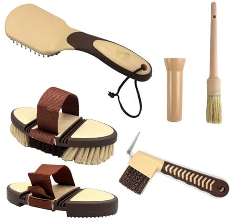 Starter Putzset für Pferde Pferdeputzzeug Pflege Fellpflege Flexible Kardätsche Striegel Massagebürste 2in1 Hufkratzer Mähnenbürste Pferdebürste Hufpinsel (Cappuccino Mokka Beige)