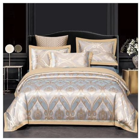 VONCYKI Parure de lit jacquard de luxe motif floral gris rose confortable haut de gamme brodé taie d'oreiller drap plat Queen size (style 10, drap de lit plat_queen)