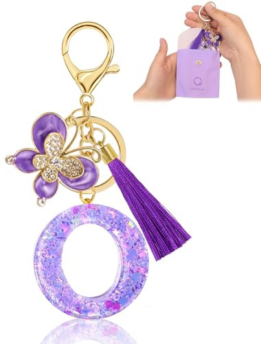 Porte-clés pour Fille Lettre, Porte-clés pour Femme avec Lettre Initiale, Alphabet Pendentif Initiale en Résine, Keyring avec Pendentif Papillon et Pampille, Cadeau pour Femme Violet-O