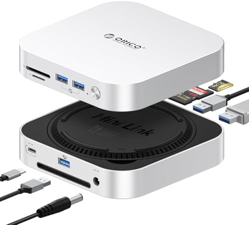 ORICO MiniLink Mac Mini Hub & Stand with 40Gbps NVMe SSD Enclosure, 2 * 4TB M.2 NVMe SSD Enclosure, Aluminum Mac Mini M4 Dock, 3 * 10Gbps USB-A Ports, 4.0 SD/TF Card Readers- M47P