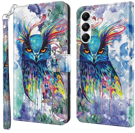 CLM-Tech Handyhülle kompatibel mit Samsung Galaxy A16 5G Hülle - Tasche aus PU Leder - Klapphülle mit Ständer und Kartenfächern - Schutzhülle Wallet Case Cover Eule bunt