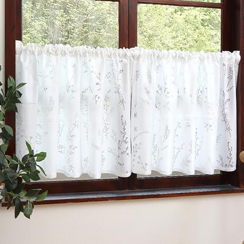 FOSDICK Juego de 1 Cortinas de Cocina, Cortinas Cortas Blancas Translucidas, Cortina Ventana Pequeña Modernas Estilo Rústico para Cocina, Comedor, Baño, Pequeña Ventana 100W X 45H cm