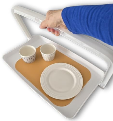 One Handed Safety Tray Plus Non-Slip Mat, Made in UK, Single-Hand Tray with Fold-Down Handle, Lightweight No-Spill Easy Carry Tray, Lap Tray for One Hand, for Shaky Hands or Limited Mobility