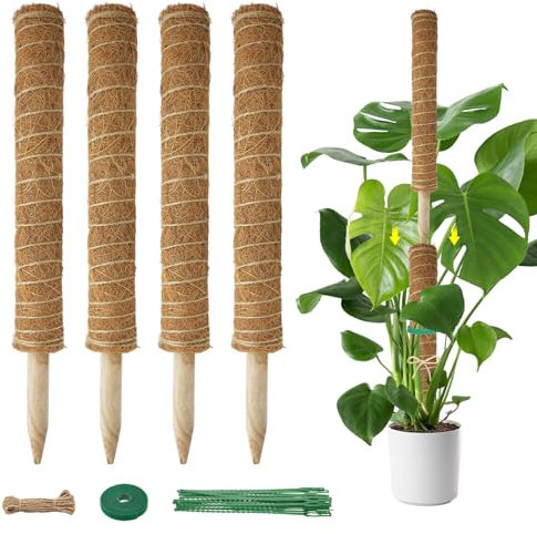 4Pcs Moss Pole Plant Support - Plant Stick Supports For Indoor Plants17inch42cm Coco Coir Moss Poles Extension Up To 53inches133cm Plant Stick For Monstera Climbing Money Plant Indoor Grow Upwards