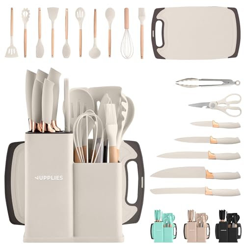JUPPLIES Set de 19 Utensilios de Cocina Resistentes al Calor | Con Cuchillos, Tijeras y Tabla de Cortar – Silicona Antiadherente Apta para Todas las Ollas y Sartenes - Beige