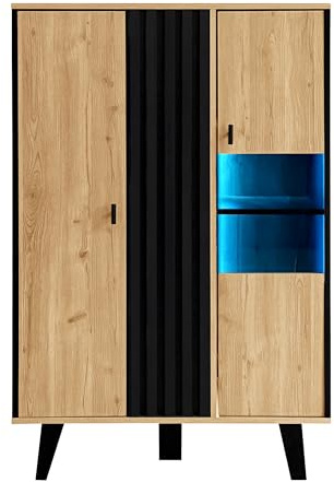 Azkoeesy 80 x 40 x 120 cm, aparador con iluminación LED y ventana de cristal, efecto madera y patas de plástico, color negro