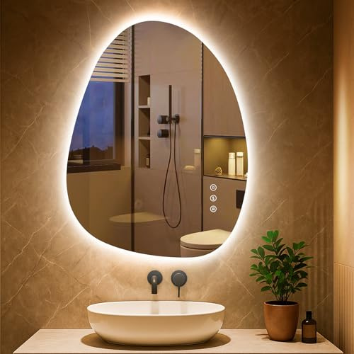 PESENXAN Asymmetrischer LED-Badspiegel mit Beleuchtung 65x50 cm, Beschlagfrei, 3 Lichtfarben Einstellbare Spiegel Bad mit Beleuchtung,Dimmbar, mit Memory-Funktion, Energiesparend,Horizontal/Vertikal