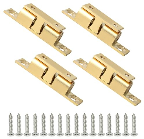 Mooche 4 Pcs Double Ball Roller Tension Door Catches,Adjustable Solid Brass | Cupboard Double Roller Latch Catches for Internal Doors Wardrobes Cabinet Kitchen Closet Furniture Door (Golden)