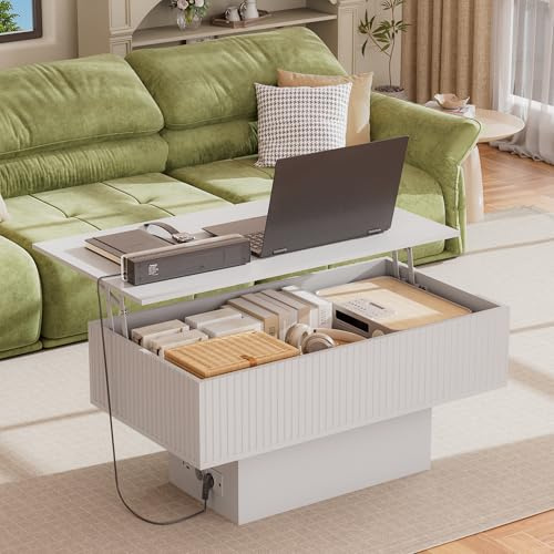 Consofa 38,2 Lift-Top-Couchtisch mit Stauraum und LED-Beleuchtung, Moderner geriffelter Massivholz-Couchtisch für Wohnzimmer, Mid-Century-Rechteckiger Holzteetisch (Weiß)