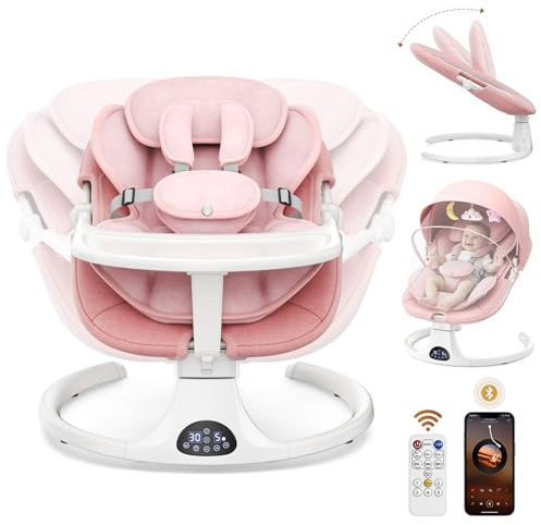 Babywippe Elektrisch Swing für Kinde - Bluetooth Babyschaukel bis 9 kg, Klappbar Wippe Baby Wippe baby mit 5 Schwinggeschwindigkeiten, 3-stufigem Timer und Fernbedienung, Insektennetz (Rosa)