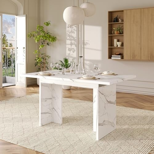 ModernLuxe Ausziehbarer Esstisch 140–180 cm, Esstisch für 6–8 Personen, Rechteckiger Esszimmertisch in Weißer Marmor Optik, 30 mm Tischplatte, Moderner Küchentisch mit T-Beinen