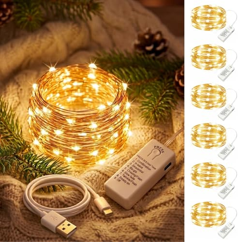 HXWEIYE Lot de 6 Guirlandes Lumineuses Rechargeables, 2,1m 20LED, 8 Modes | Minuteur, Batterie Amovible, Étanche, Déco DIY, Noël, Fêtes, Mariage, Blanc Chaud