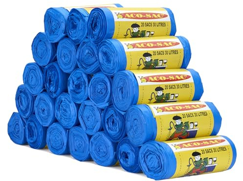 Lot de 500 Sacs Poubelle 30L – 25 Rouleaux de 20 sacs – 50x68 cm, Coloris Bleu – Sacs Poubelle de Cuisine Recyclés pour Usage Quotidien
