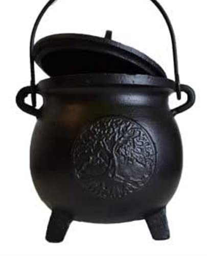 Home Fragrance Potpourris Cauldrons Tree of Life Cast Iron Three Legged with Handle and Lid Large 20.3 cm