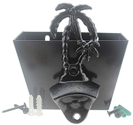 Black Bottle Opener Wall Mounted Palm Tree Rustic Bottle Opener Cap Catcher (Black Coconut)