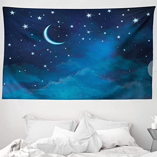 ABAKUHAUS Sterne Wandteppich, Nacht-Skyline-Illustration mit Aquarell-Effekt Mondsichel und Wolken, aus Weiches Mikrofaser Stoff Wand Dekoration Für Schlafzimmer, 230 x 140 cm, Blassblau Nachtblau