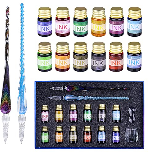 OFUN Glass Dip Pen Set, Crystal Ink Pen Set with 2 Glass Pens, 12 Colorful Inks,Pen Holder and Cleansing Cup, Dip Pens for Art, Writing, Drawing, Signatures, Gift for Kids and Artist