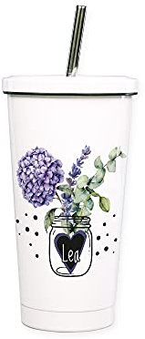 GRAZDesign Cocktailbecher mehrweg mit Deckel, personalisiert mit Namen, Blumen, Feder, Trinkbecher mit Trinkhalm aus Edelstahl, ideal als Geschenk