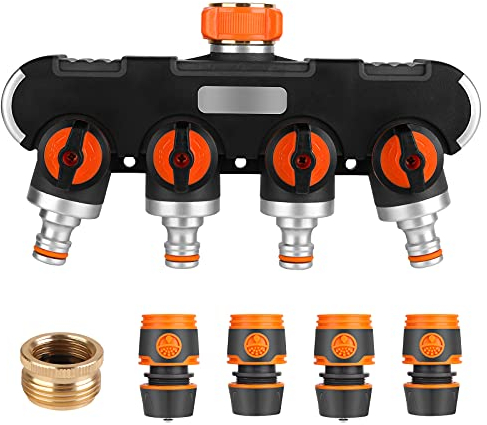 Distributore a 4 Vie, Splitter Tubo da Giardino Regolabile e Bloccabile con Valvola Separata per Rubinetto Filo Giardino 3/4'' e 1/2, Irrigazione, Pulizia, Vita Domestica con 4 connettori per Tubo