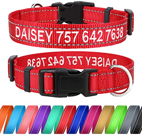 TagME Personalisierte Hundehalsband für Große Hund Mit Gestickten, Reflektierendes Nylon Hundehalsband Mit Pet Name & Telefonnummer, Rot L