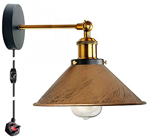 LEDSone Retro Industrial Wall Light Plug in Wall Lamp Metal Cone Shape Shade Indoor Light Fitting with Dimmer Switch for Bedroom Hallway Restaurants (Brushed Copper, with Bulb)
