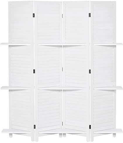 HOMCOM Paravent intérieur 4 Panneaux 160L x 170H cm 3 étagères Pliables séparateur de pièce Portes persiennes Bois de Paulownia Blanc