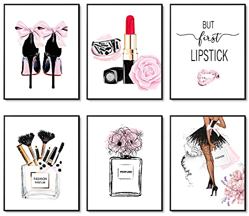 Mode Wand Kunstdrucke Rosa Blumen Parfüm Lippenstift Bilden Kunst Poster Teenager Mädchen Bilden Raumdekor für Schlafzimmer Zimmer Dekor 11x14 Zoll (27.9x35.6cm) Ungerahmt