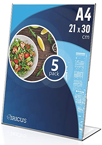 5 Stück DIN A4 Aufsteller Acryl - L Aufsteller A4 - Tischaufsteller Acryl A4 - L Ständer Acryl Tischaufsteller A4 - Plexiglas Aufsteller A4 - Plastik Aufsteller A4 für Restaurants Büro Flyer
