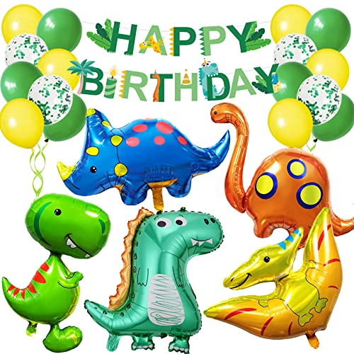 XXL Dino Geburtstag Deko Set, Dino Deko Kindergeburtstag, Dinosaurier Geburtstag Deko mit Happy Birthday Girlande, Dino Folienballon für Dino Party Dekoration Dschungel Geburtstag Dekoration Jungen
