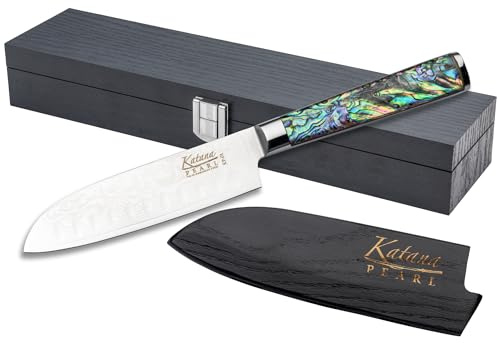 Katana Saya Pearl 12cm Santoku Knife, Japanese 67-Layer VG-10 Damascus Stainless Steel, Kitchen Knife, Acrylic Handle with Abalone Pattern, Japanese Style