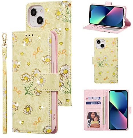 UEEBAI Wallet Case for iPhone 14 6.1 inch, PU Leather Phone Case Kickstand RFID Blocking Flip Case with Card Slots Wrist Strap Relief Engraved Pattern Magnetic Closure Folio Case - Yellow Daisy