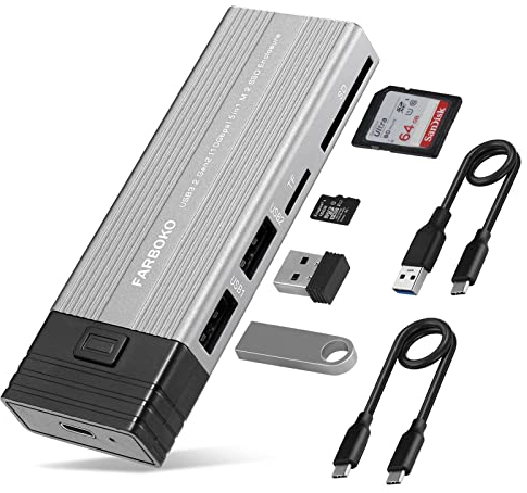 FARBOKO Carcasa SSD M.2 Nvme, USB3.2/ USB3.1 Gen2 10Gbps Caja SSD M.2 Nvme con 2 Puertos USB2.0 y Lector de Tarjetas SD/TF Sin Herramientas para M.2 NVMe/SATA SSD en 2242/2260/2280