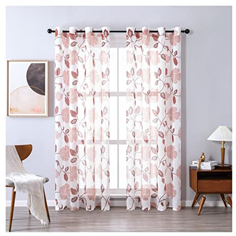 Aotiwe Küchengardinen Modern Zweiteilige, Vorhang mit Ösen Küche Transparentes Blumenblatt Rot Baumwolle Leinen Polyester 2 Stücke 132X214cm