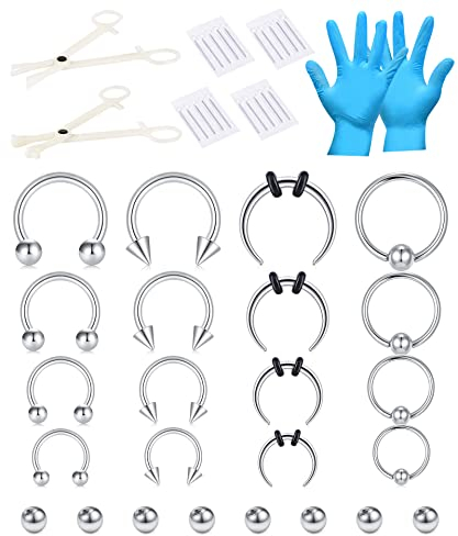 NIUSIMAN 47PCS Septum Piercing Kit Slivery Piercing Ring Surgical Steel Nose Septum Ring 6/8/10/12mm Horseshoe Ring, Piercing Needles for all Piercing, Helix Cartilage Earring Piercing Set