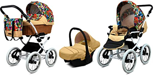 BabyLux Kinderwagen 3in1 mit Autositz für Kleinkinder – Kinderwagen für Neugeborene und Kleinkinder –– Baby Neugeborenen Kinderwagen – 59x105x125cm – Max 15kg – Jungle Flowers White Frame