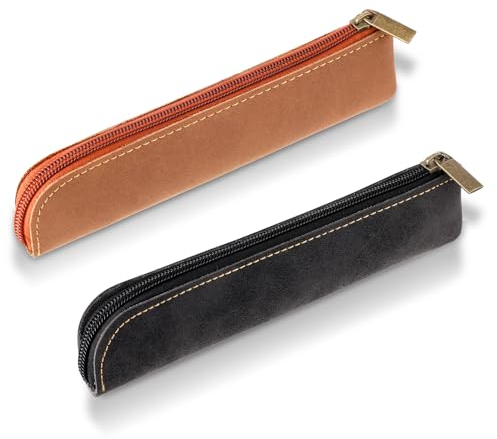 Amaxiu Slim PU Leather Pen Pencil Pouch, 2 Pcs Handcrafted Small Fountain Pen Holder Luxury Pen Case Thin Zipper Stationery Bag Vintage Pencil Organizer (Black+Brown)