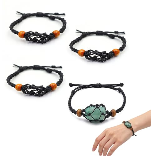 4 Stück Steinhalter Leer, Halskette Schnur Leerer, Leerer Steinhalter Kristall Steinhalter, Halskette Halter Quarz, Leeres Gewebtes Armband, für Steine, DIY, Armband, Schmuckherstellung (Schwarz)