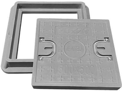 NATOTELA 600x600mm Couvercle de regard en fibre de verre PRV,A15 tampon de regard en PRV avec cadre et poignée,Gris,Passage Libre:450x450mm,Pour pelouse,cour,jardin,trottoir,terrasse