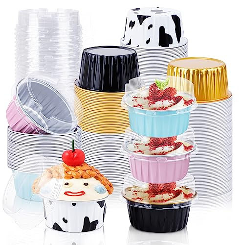 RETON 100 Piezas Tazas de aluminio para hornear, mini moldes moldes magdalenas con tapas, molde magdalenas horno de aluminio de 5 onzas, tazas para magdalenas para, fiestas, cumpleaños, bodas