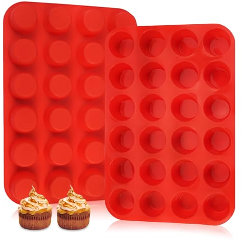 2 Stück Mini Muffinform Silikon, 24 Tassen Muffin Form, Muffinblech Wiederverwendbare, Runde Muffin Backform, Cupcake Förmchen, BPA-Freie, Antihaft, Spülmaschinenfest, für Cupcakes, Brownies, Kuchen