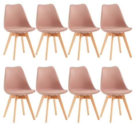 EGGREE Pack de 8 Sillas Comedor Sillas de Cocina Nórdico con Asiento Tapizado y Las piernas de Madera de Haya Maciza - Rosa Ahumado