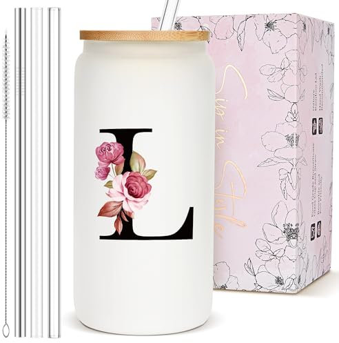 Cadeaux personnalisés pour femme, gobelet en verre dépoli monogrammé avec paille et couvercle, tasse mignonne personnalisée, verres à café glacé initiale personnalisable, tasse à boire