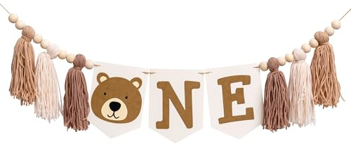 CIEQR Bär Hochstuhl Banner 1. Geburtstag | Beary First Birthday Hochstuhl Banner, Bär Thema Erster Geburtstag Party Supplies Dekor für Cake Smash, Foto Prop (Tassels)