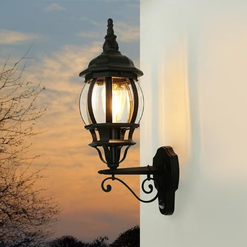 Licht-Erlebnisse Außenleuchte mit Bewegungsmelder Glas Aluminium Schwarz IP23 Haus Hof H: 54 cm E27 Rustikal Laterne Wandlampe Außen BREST