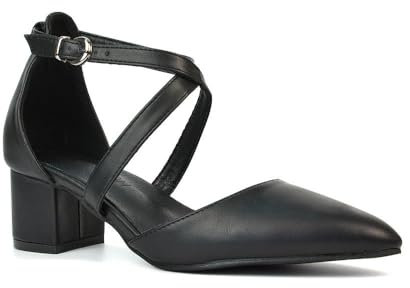 ESSEX GLAM Womens Strappy Ankle Strap Court Shoes Ladies Black Synthetic Leather Low Heel Point Toe Close Toe Pumps Size 3